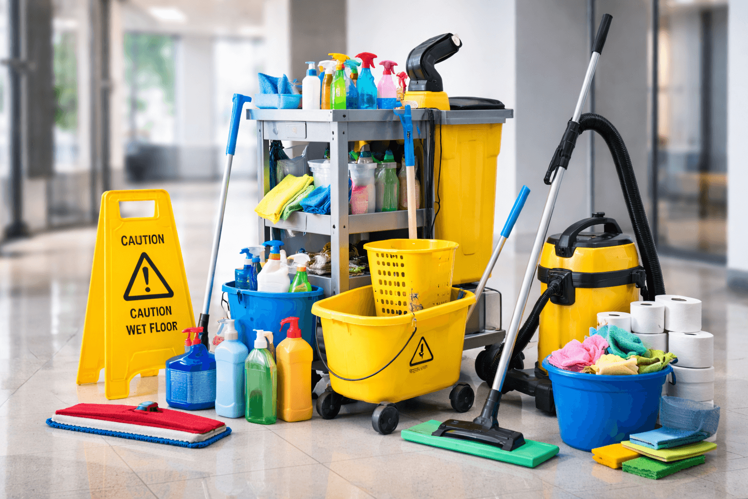 Cleaning supplies in lobby